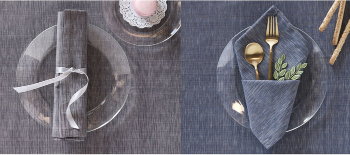 The traditional art of Ikat hand dye and hand weave, featuring napkins, tablecloths, kitchen towels.