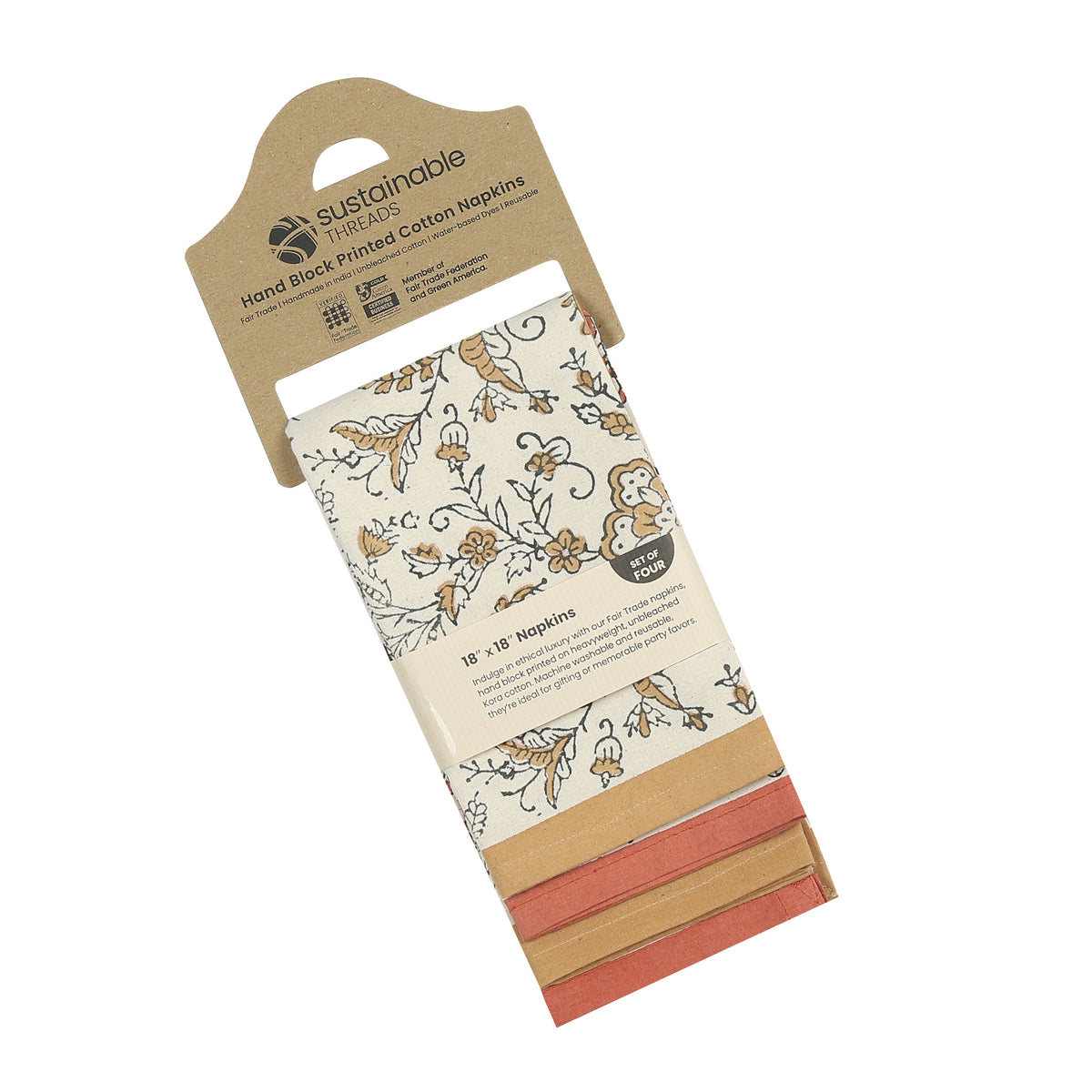 Hand Block Printed Cotton Napkins, Set of 4 | 18" × 18" | Ivy Sienna
