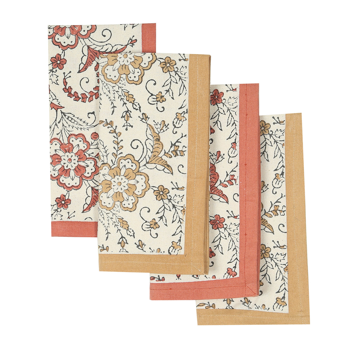 Hand Block Printed Cotton Napkins, Set of 4 | 18" × 18" | Ivy Sienna