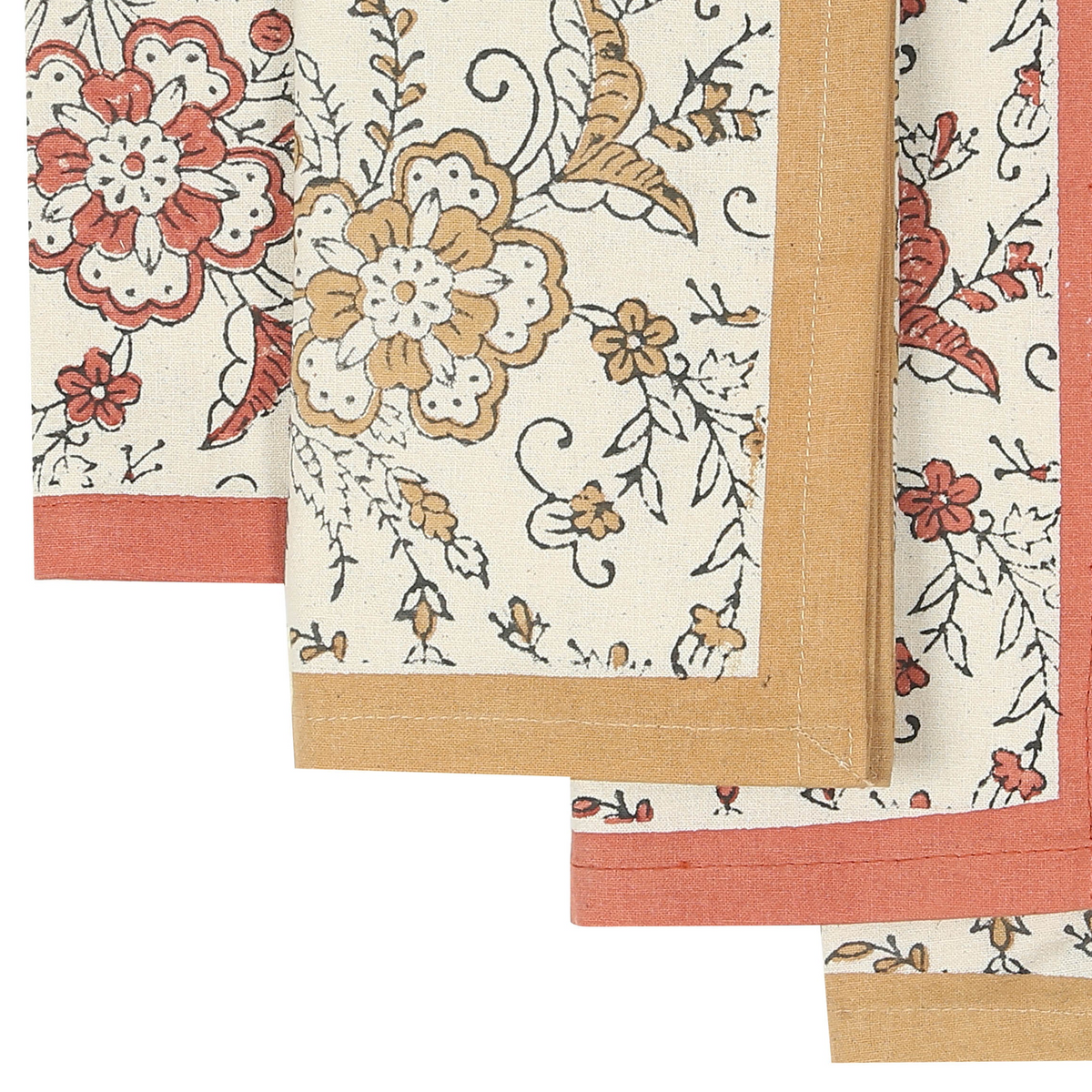 Hand Block Printed Cotton Napkins, Set of 4 | 18" × 18" | Ivy Sienna
