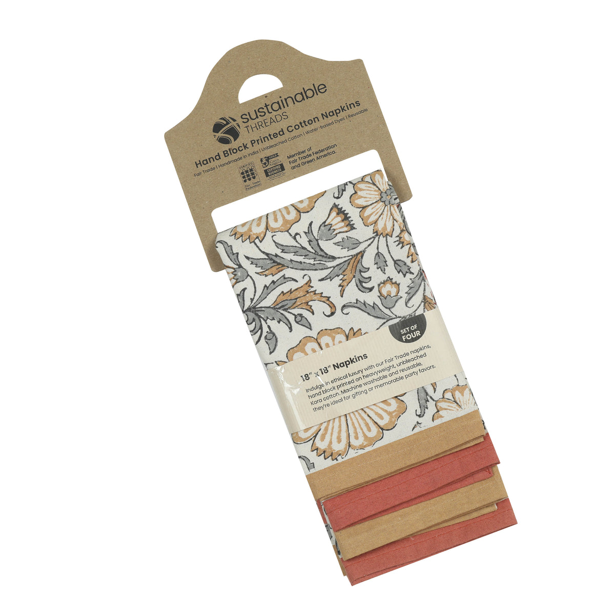 Hand Block Printed Cotton Napkins, Set of 4 | 18" × 18" | Bloom Sienna