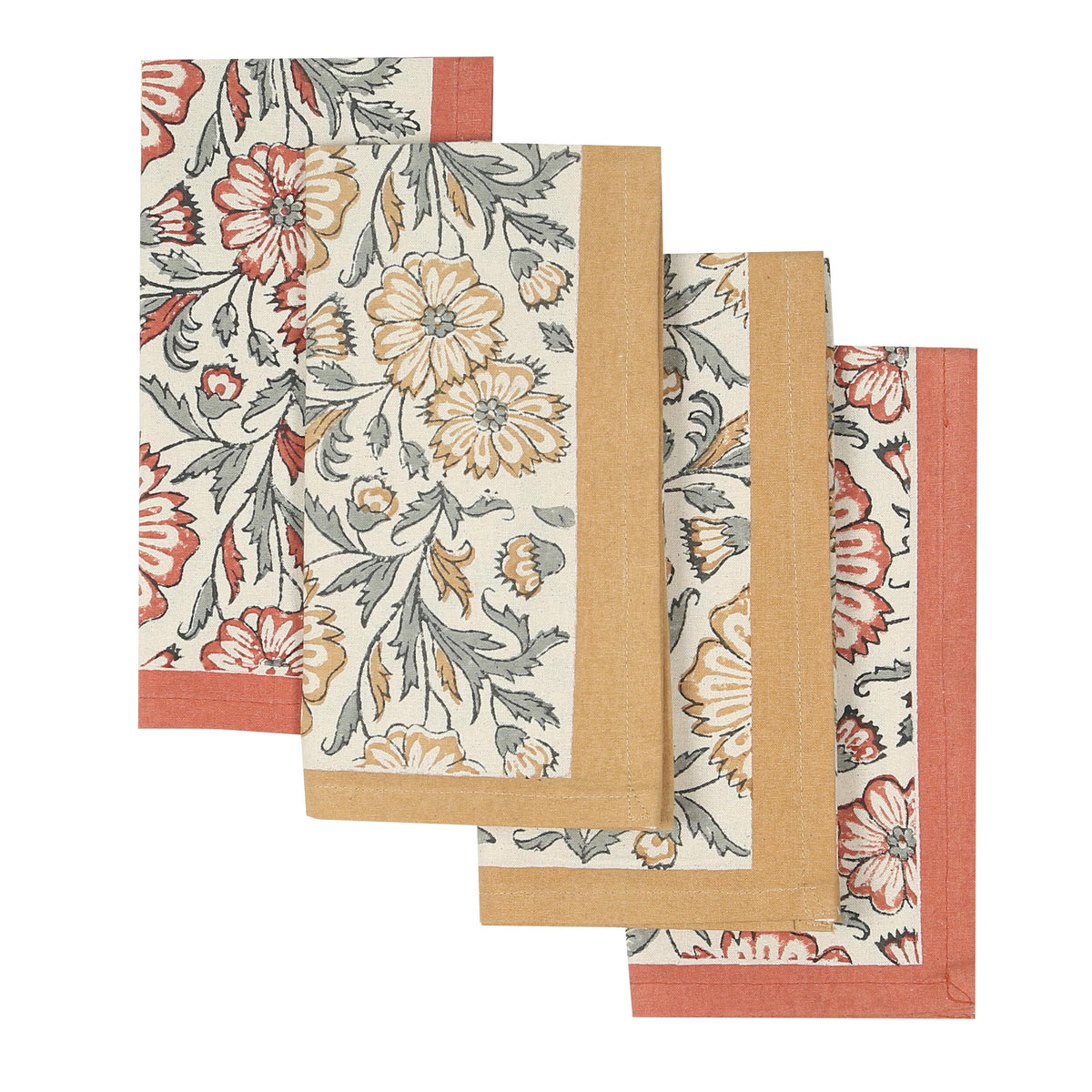 Hand Block Printed Cotton Napkins, Set of 4 | 18" × 18" | Bloom Sienna
