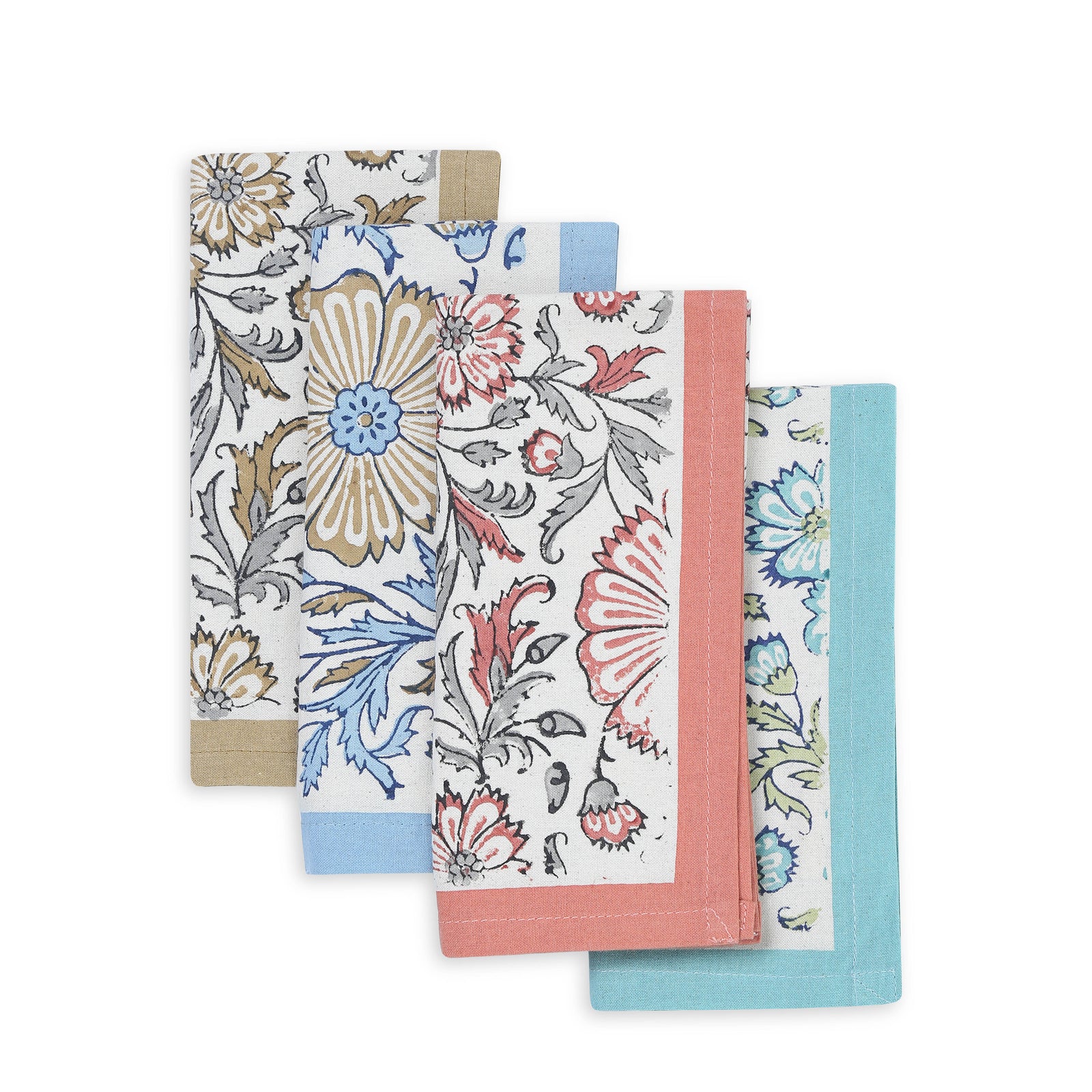 Hand Block Printed Cotton Napkins, Set of 4 | 16″×16″ | Bloom Reverie