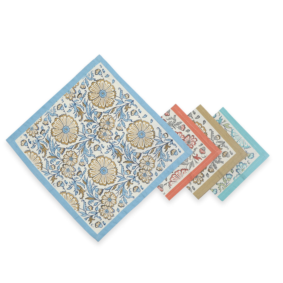 Hand Block Printed Cotton Napkins, Set of 4 | 16″×16″ | Bloom Reverie