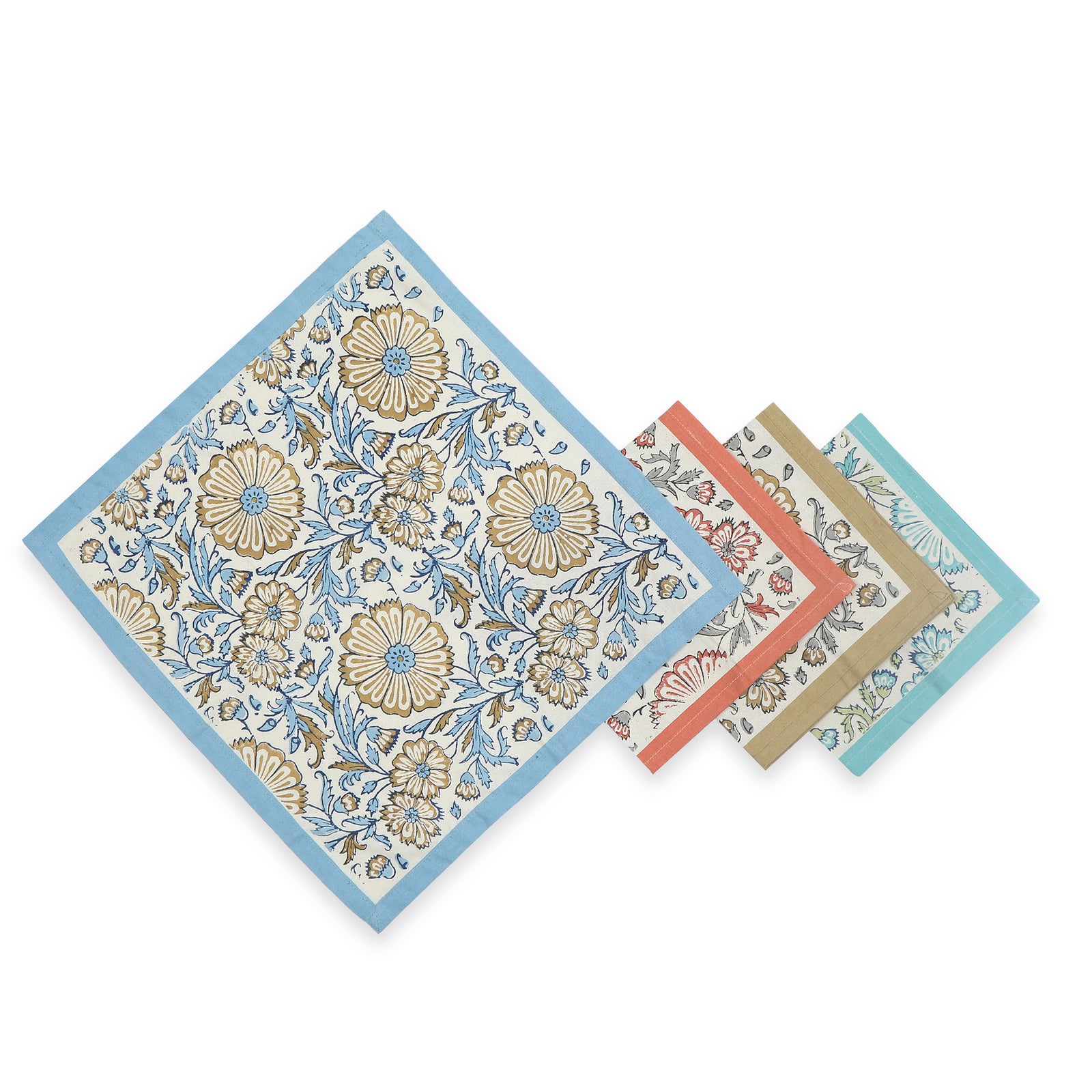 Hand Block Printed Cotton Napkins, Set of 4 | 16″×16″ | Bloom Reverie