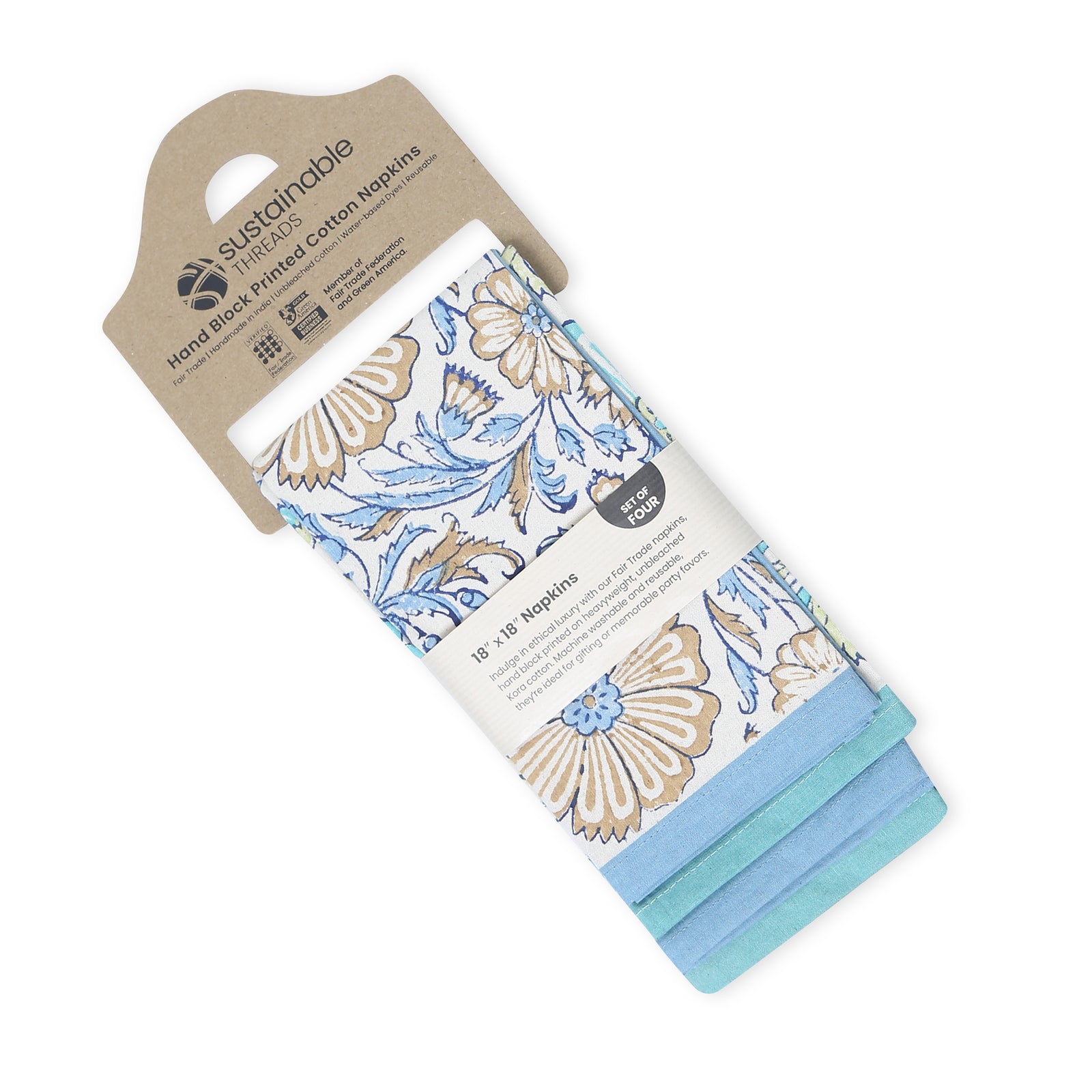 Hand Block Printed Cotton Napkins, Set of 4 | 18" × 18" | Bloom Waters
