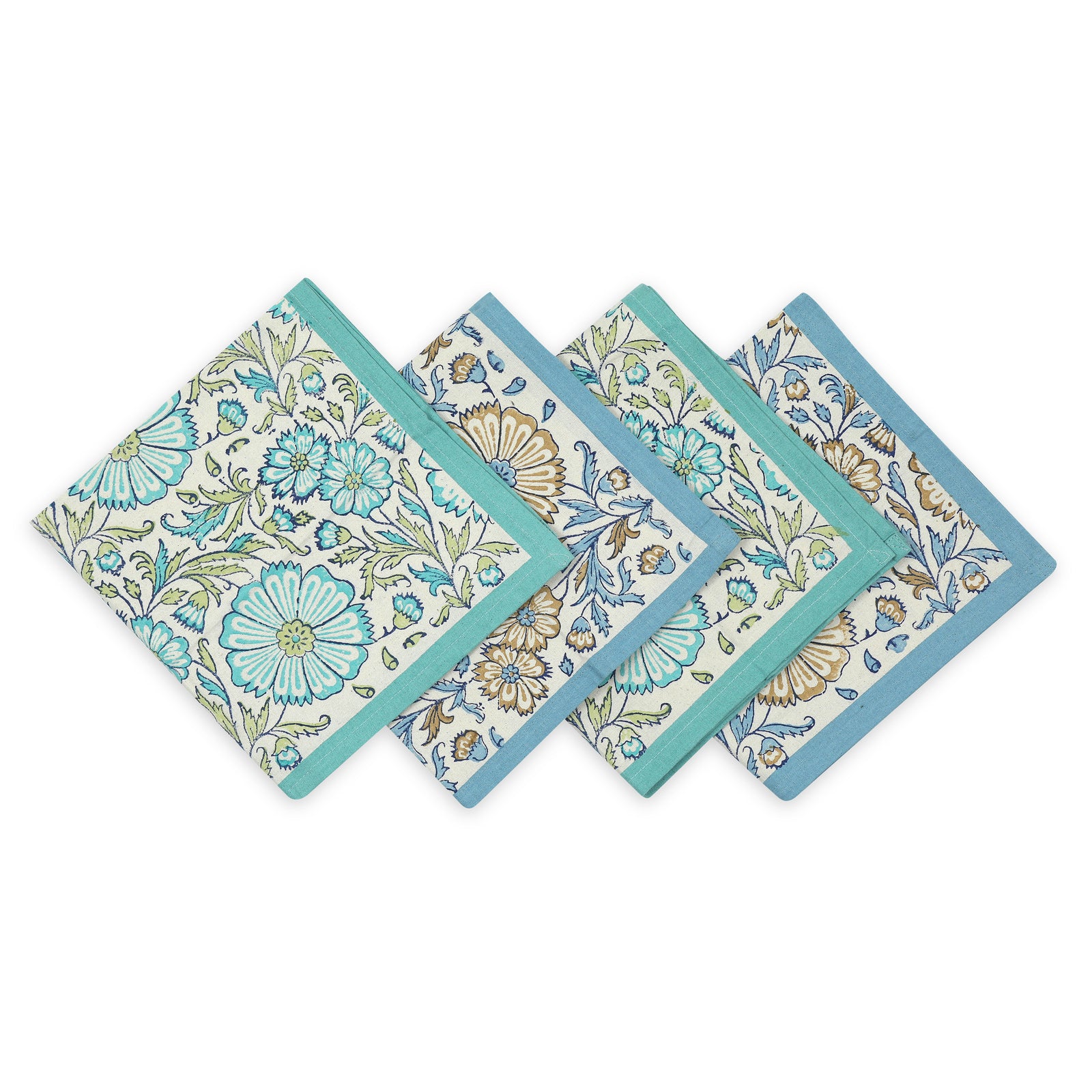 Hand Block Printed Cotton Napkins, Set of 4 | 18" × 18" | Bloom Waters