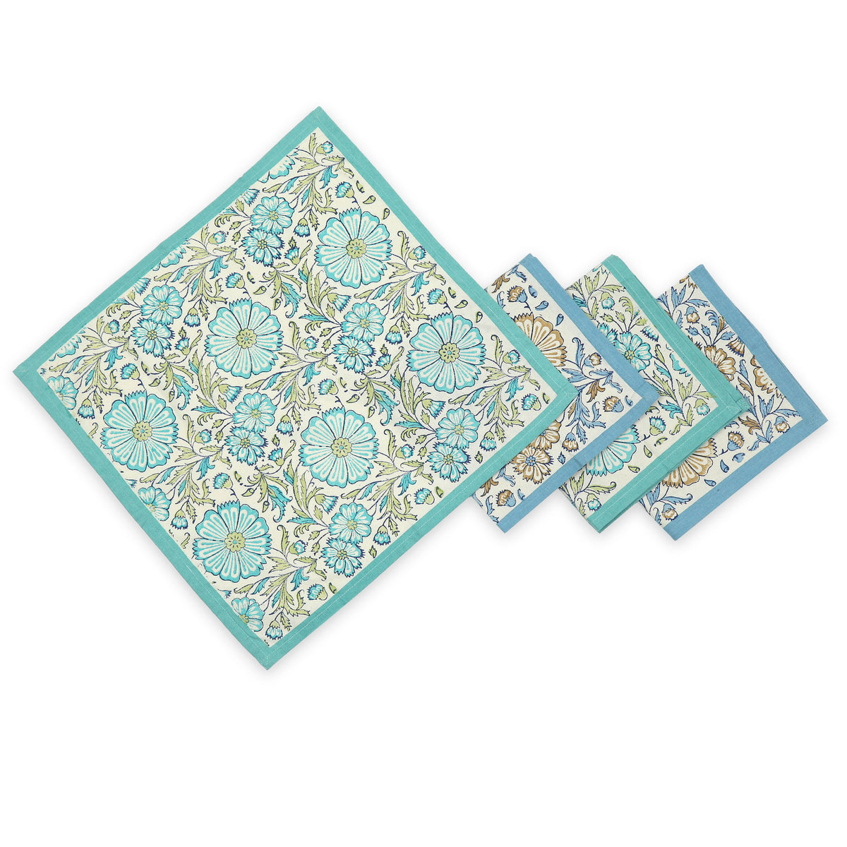 Hand Block Printed Cotton Napkins, Set of 4 | 18" × 18" | Bloom Waters