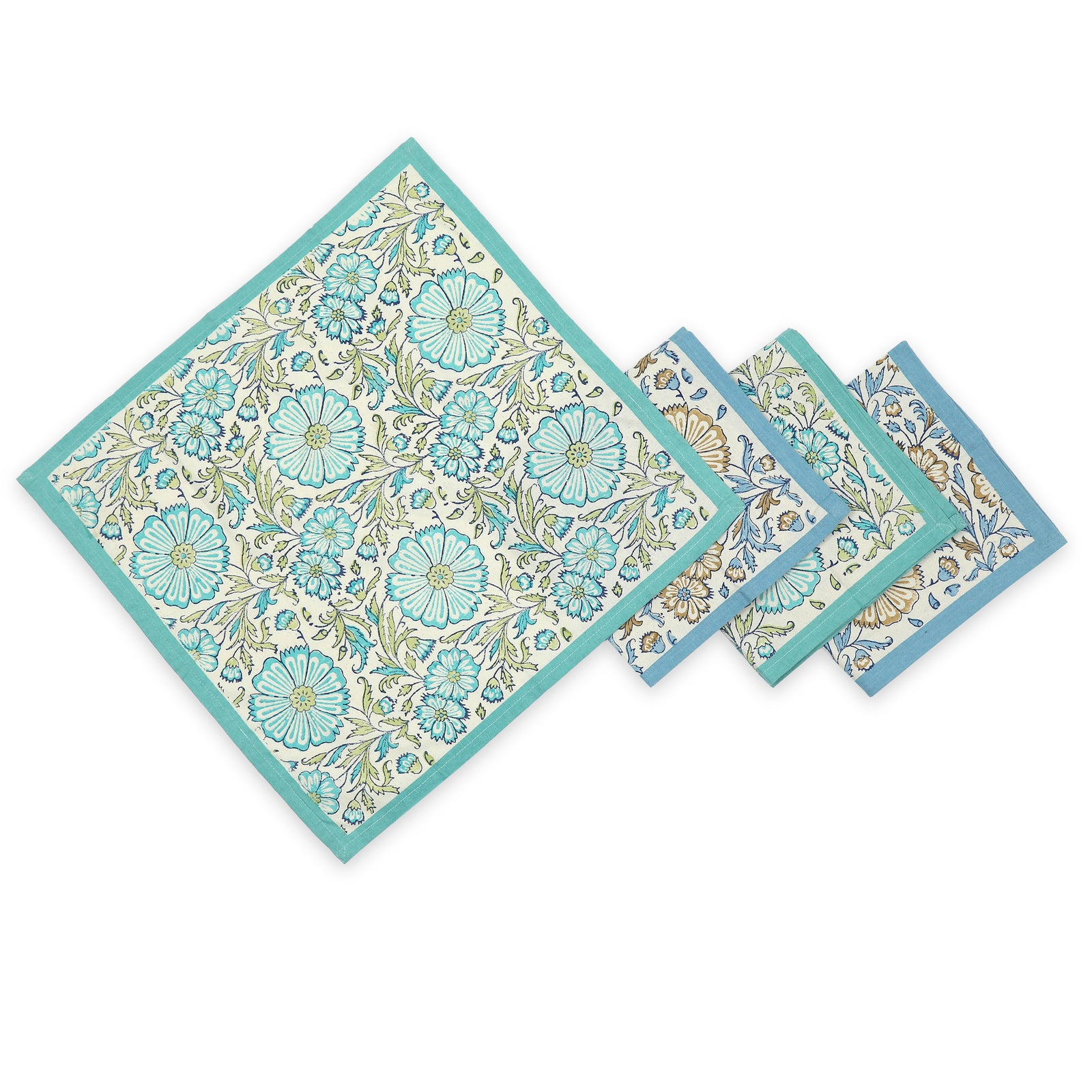 Hand Block Printed Cotton Napkins, Set of 4 | 18" × 18" | Bloom Waters