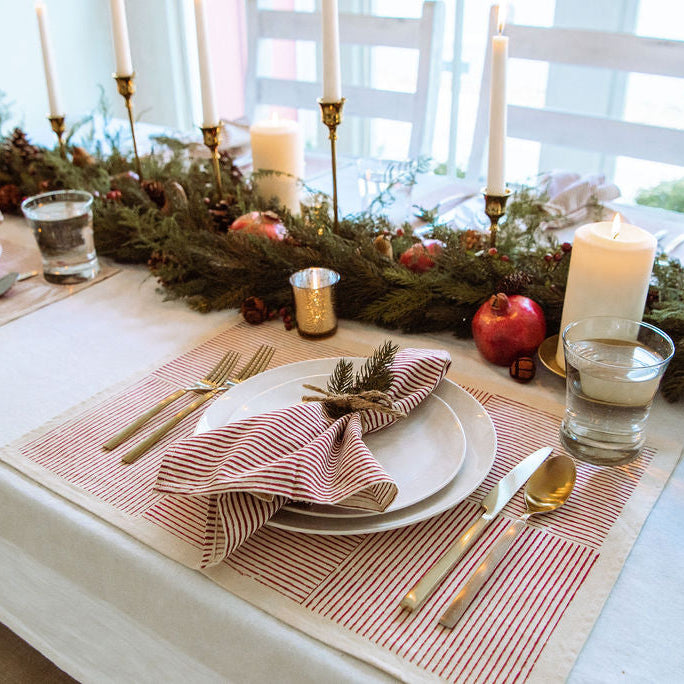 Kora Cotton Placemats, Set of 4 | Hand Block Printed | Hatch Stripe | Carmine