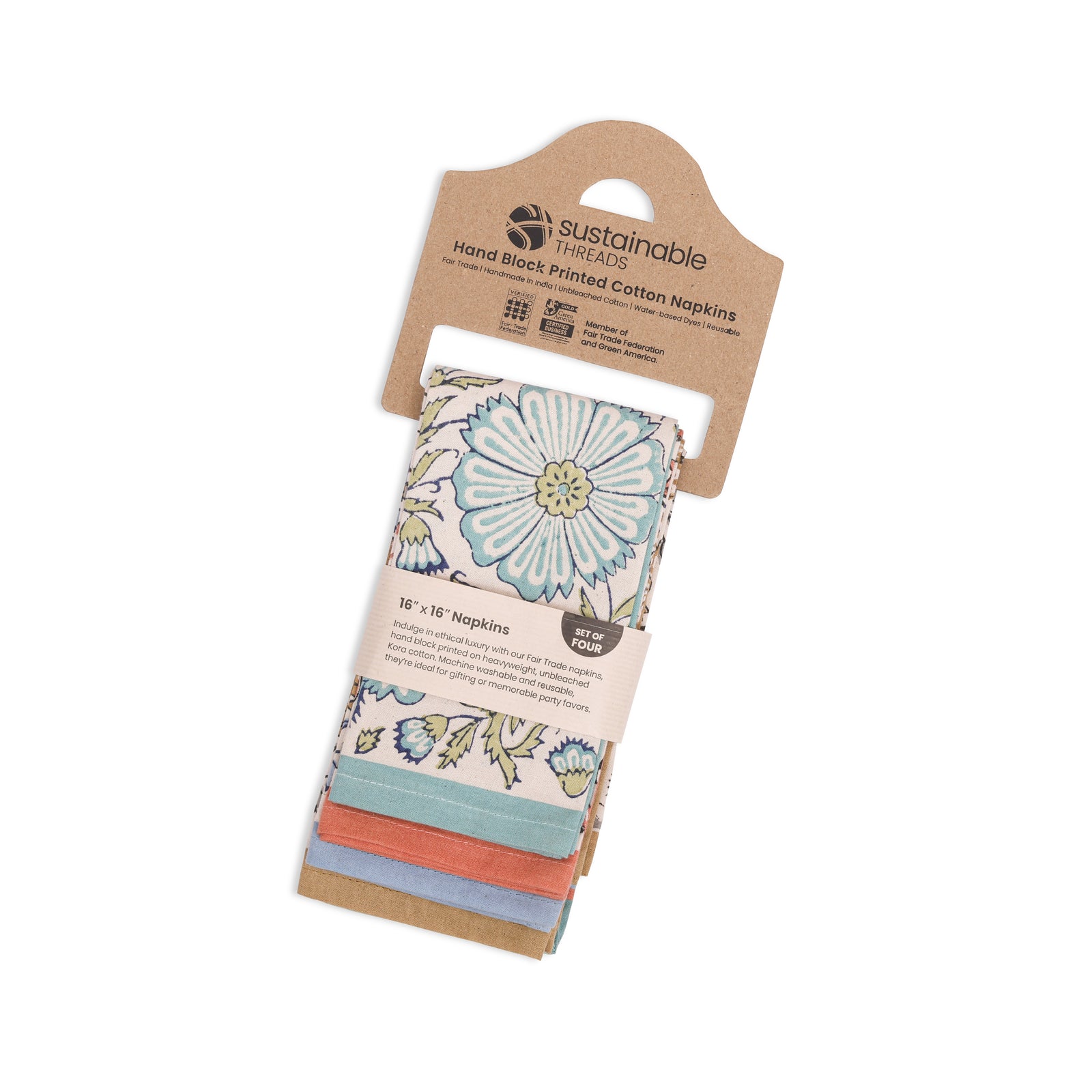 Hand Block Printed Cotton Napkins, Set of 4 | 16″×16″ | Bloom Reverie