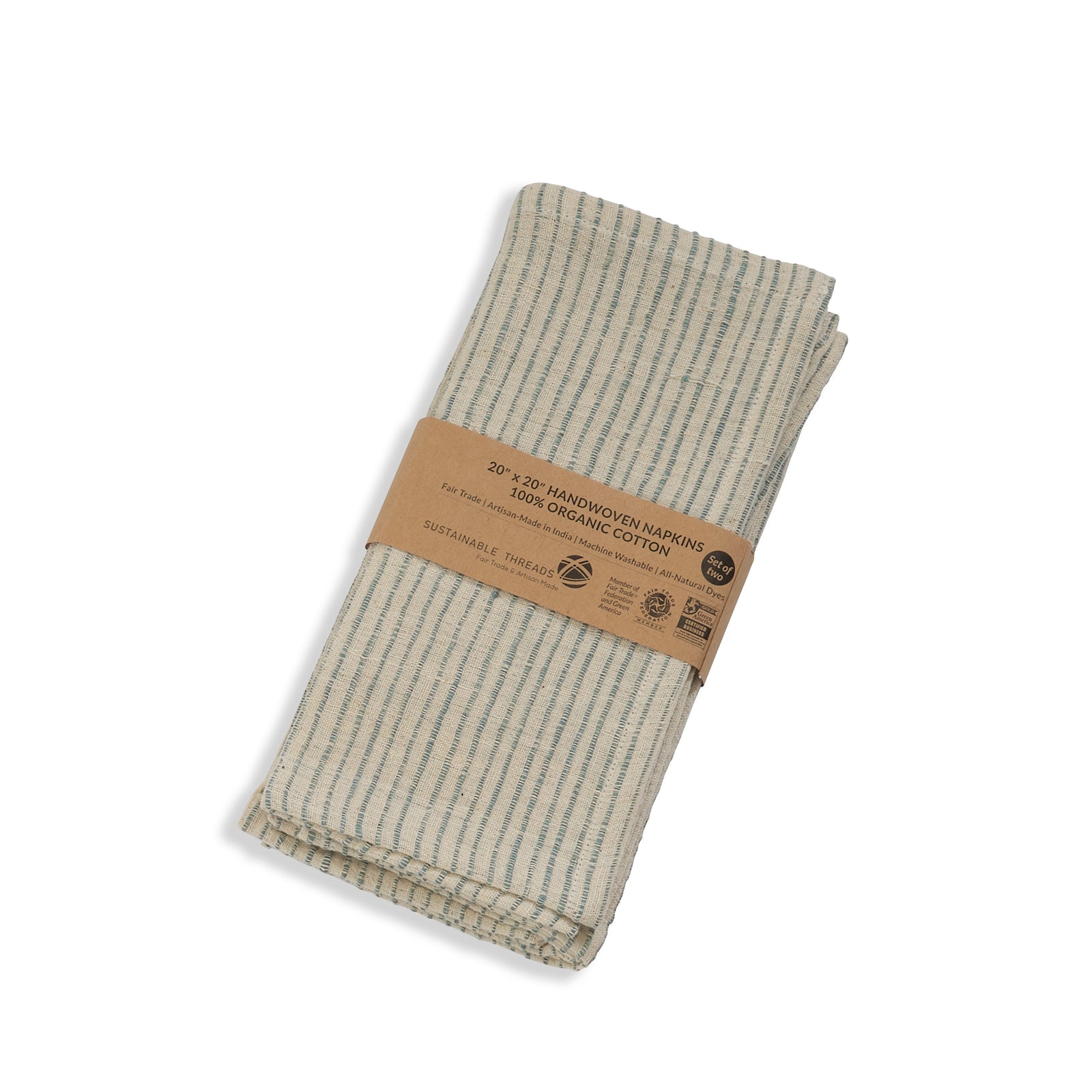 Handwoven Organic Cotton Napkins, Set of 2 | 20" × 20" | On Track Green