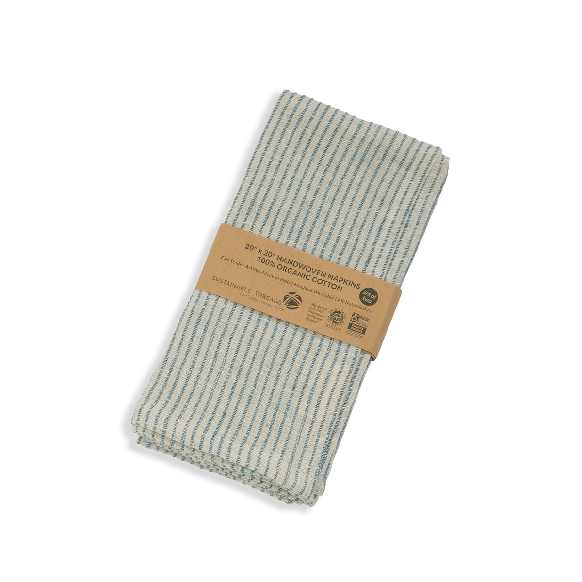 Handwoven Organic Cotton Napkins, Set of 2 | 20" × 20" | On Track Blue