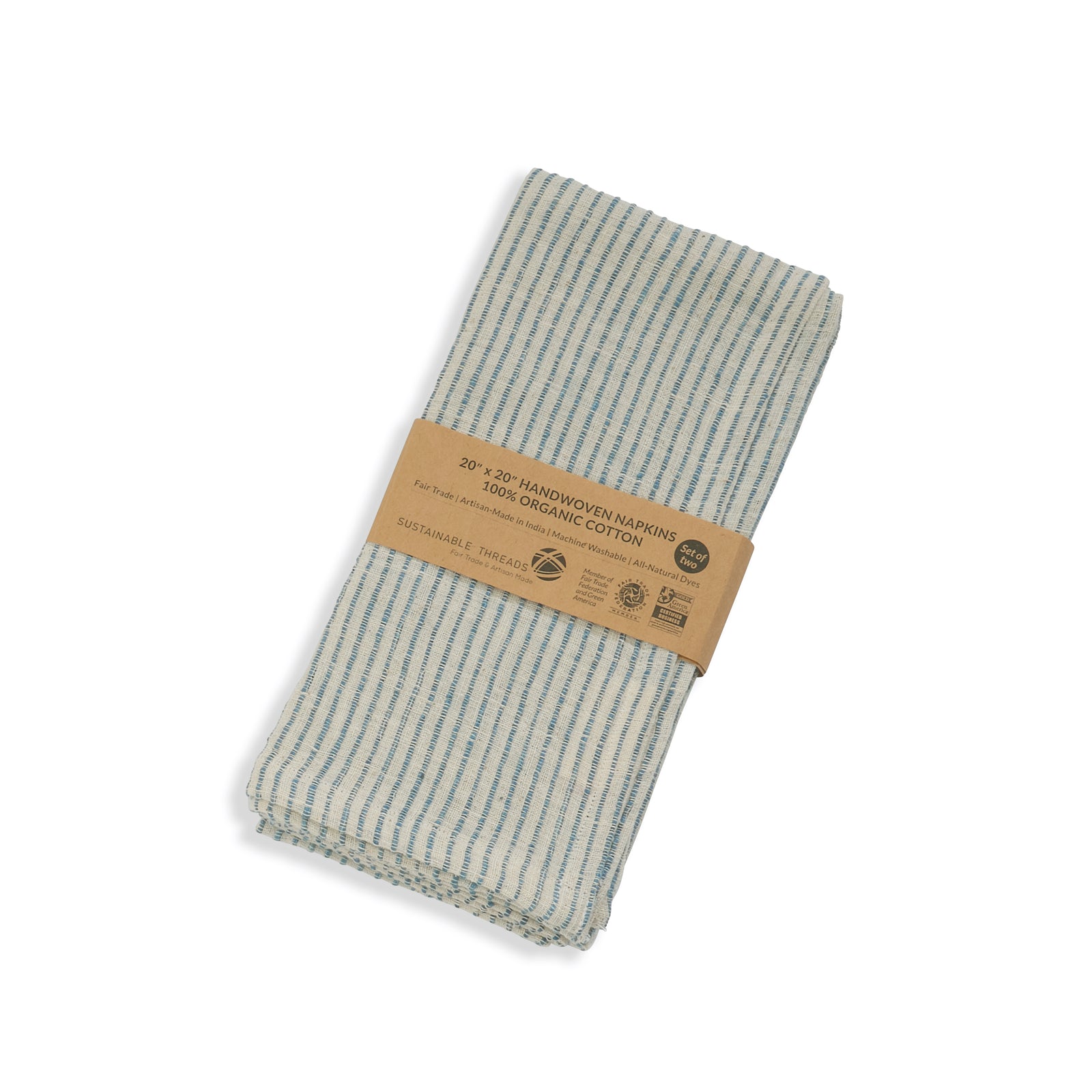 Handwoven Organic Cotton Napkins, Set of 2 | 20" × 20" | On Track Blue
