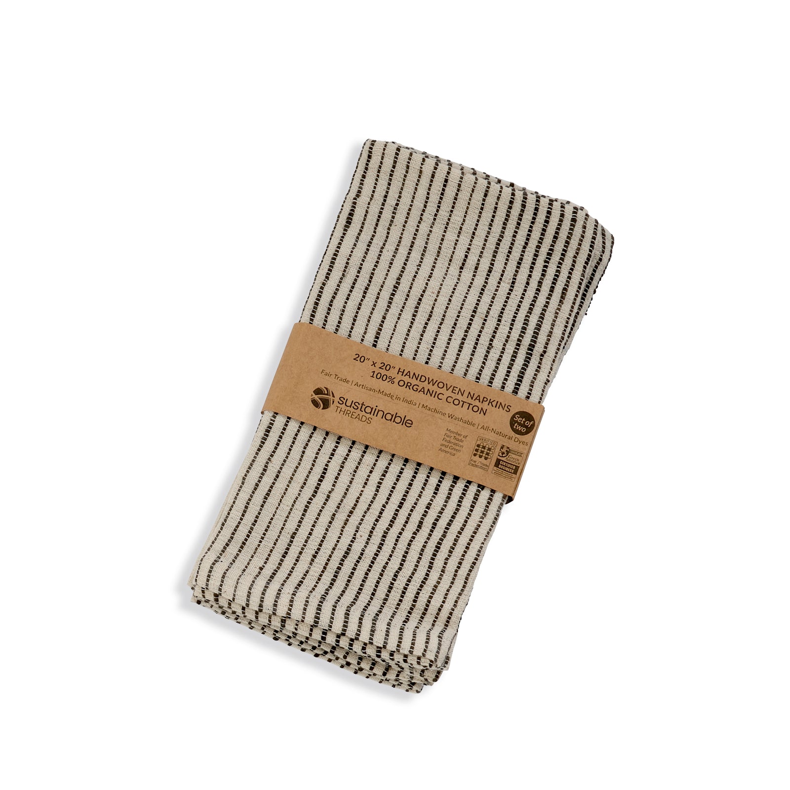 Handwoven Organic Cotton Napkins, Set of 2 | 20" × 20" | On Track Black