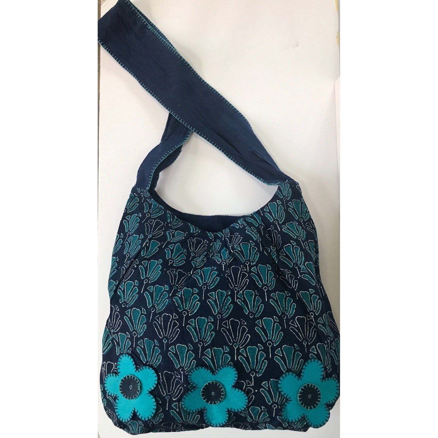 Hand Block Printed & Embroidered Cotton Shoulder Bags | Pretty Daisies Turquoise