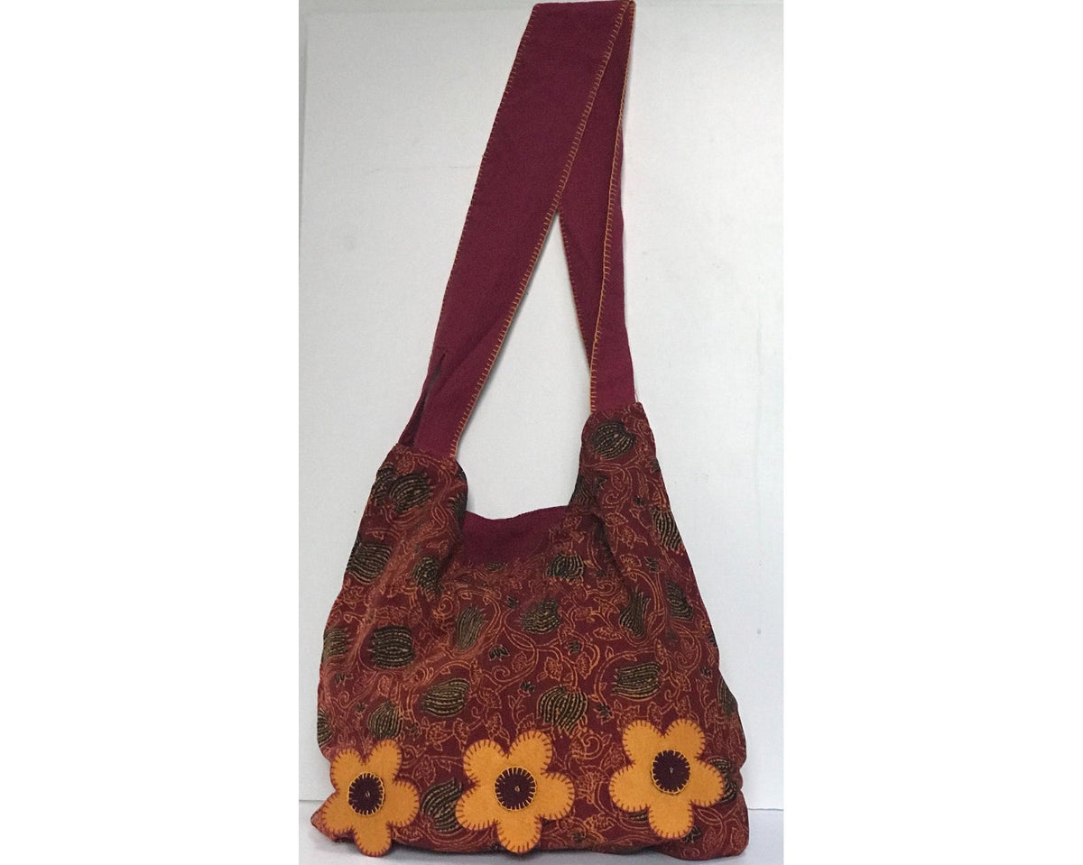 Hand Block Printed &amp; Embroidered Cotton Shoulder Bags | Pretty Daisies Wine