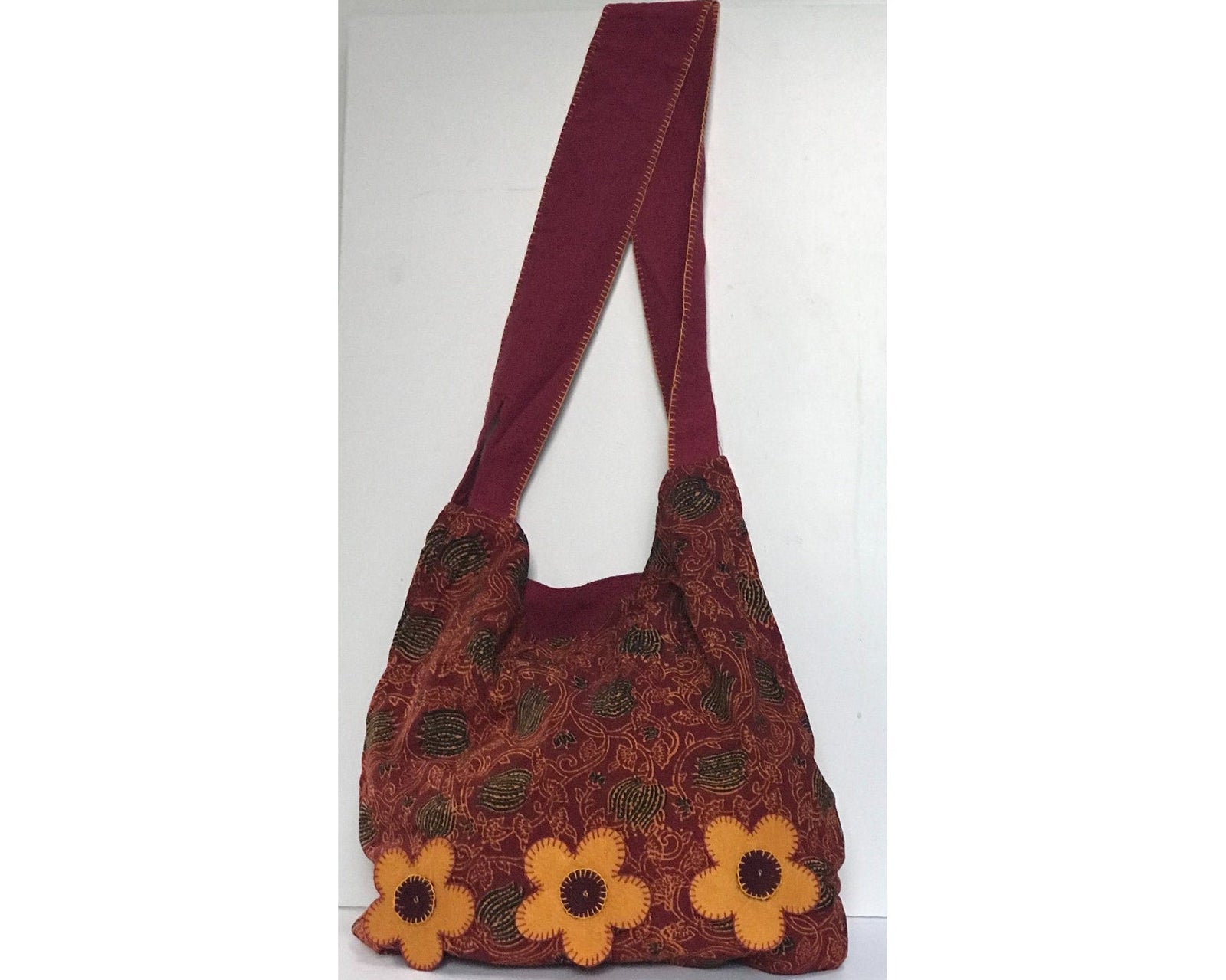 Hand Block Printed & Embroidered Cotton Shoulder Bags | Pretty Daisies Wine