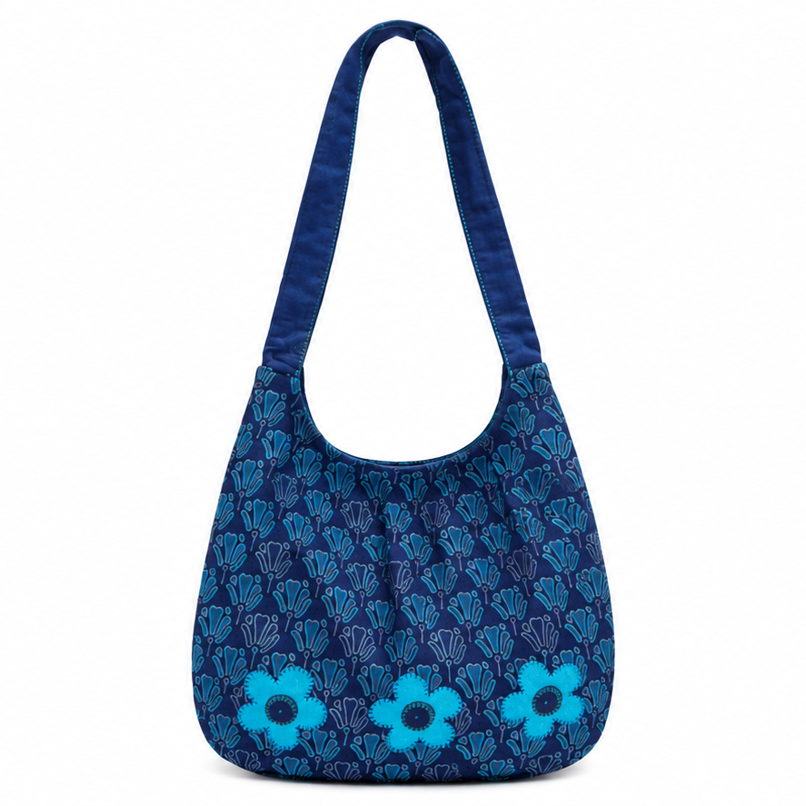 Hand Block Printed &amp; Embroidered Cotton Shoulder Bags | Pretty Daisies Turquoise
