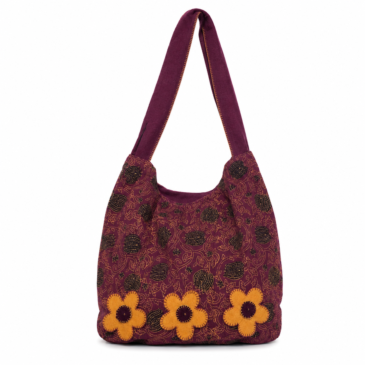 Hand Block Printed & Embroidered Cotton Shoulder Bags | Pretty Daisies Wine