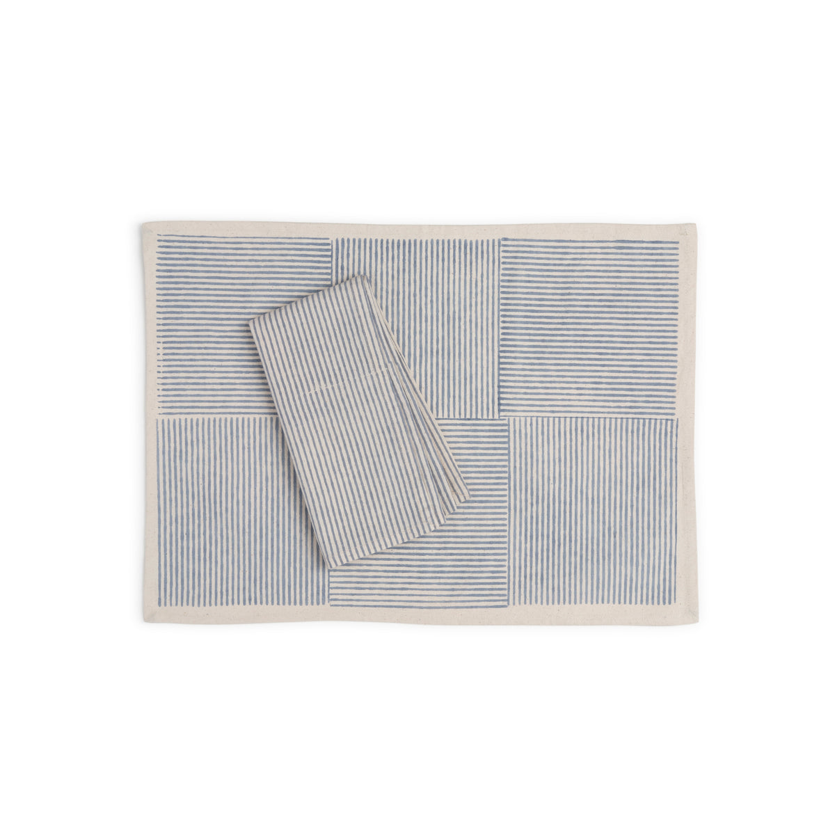 Kora Cotton Placemats, Set of 4 | Hand Block Printed | Hatch Stripe | Cerulean