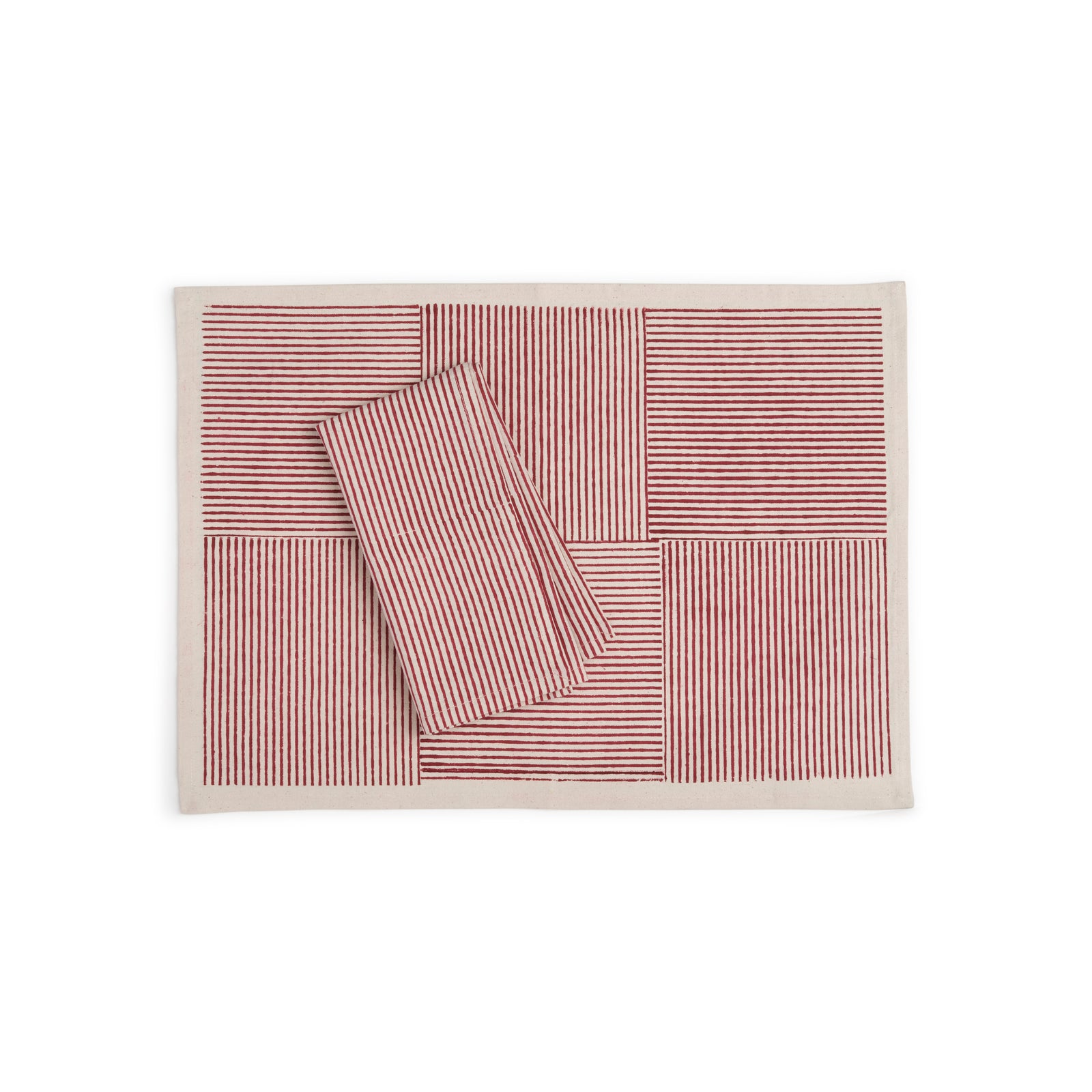 Kora Cotton Placemats, Set of 4 | Hand Block Printed | Hatch Stripe | Carmine
