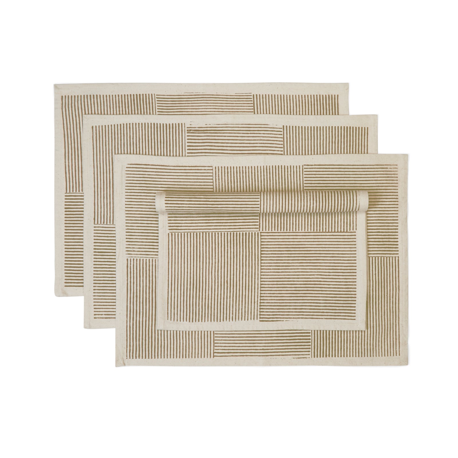 Kora Cotton Placemats, Set of 4 | Hand Block Printed | Hatch Stripe | Spruce