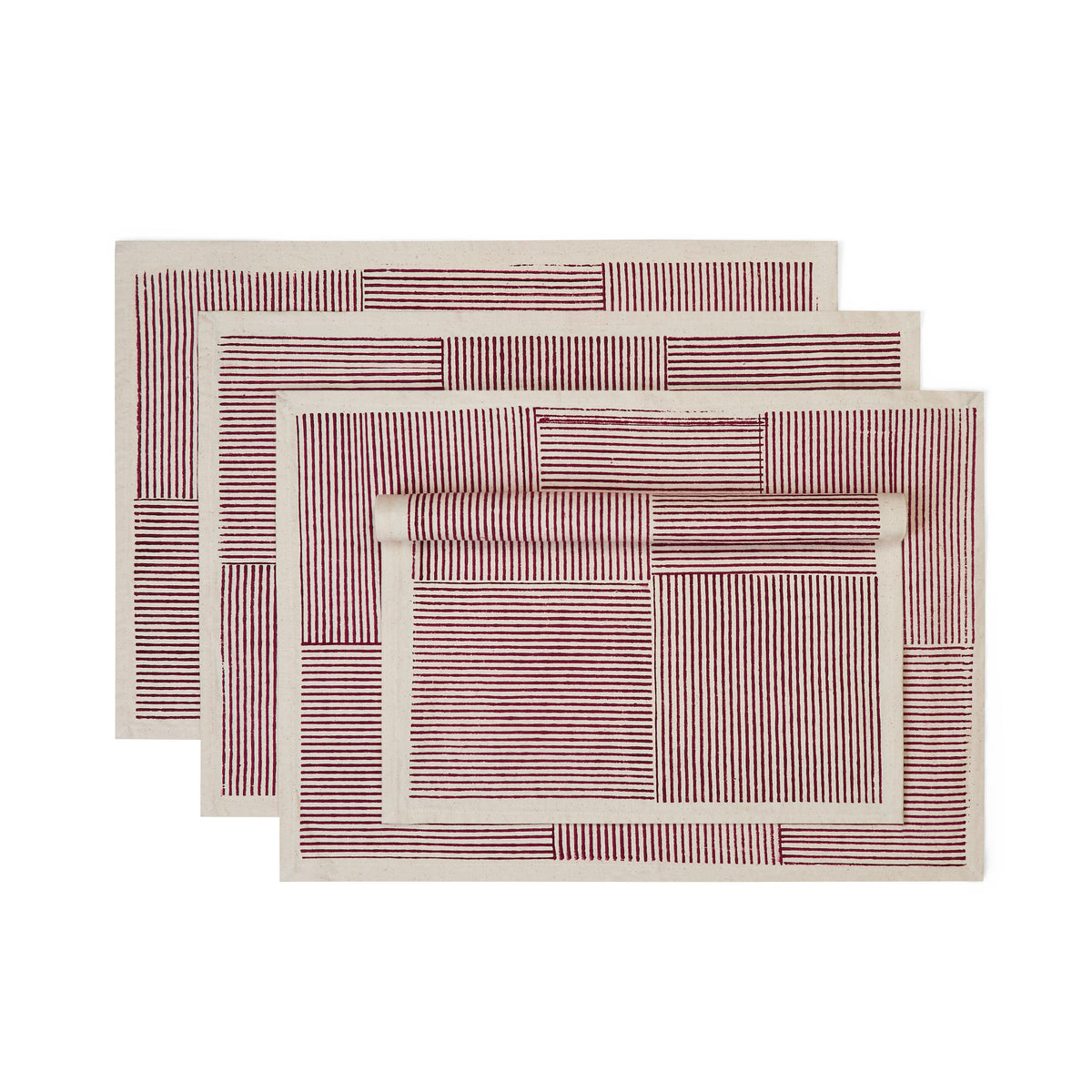 Kora Cotton Placemats, Set of 4 | Hand Block Printed | Hatch Stripe | Carmine