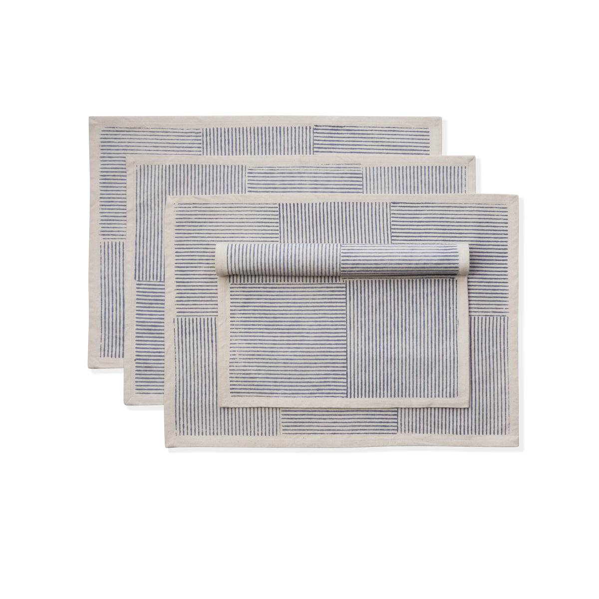 Kora Cotton Placemats, Set of 4 | Hand Block Printed | Hatch Stripe | Cerulean