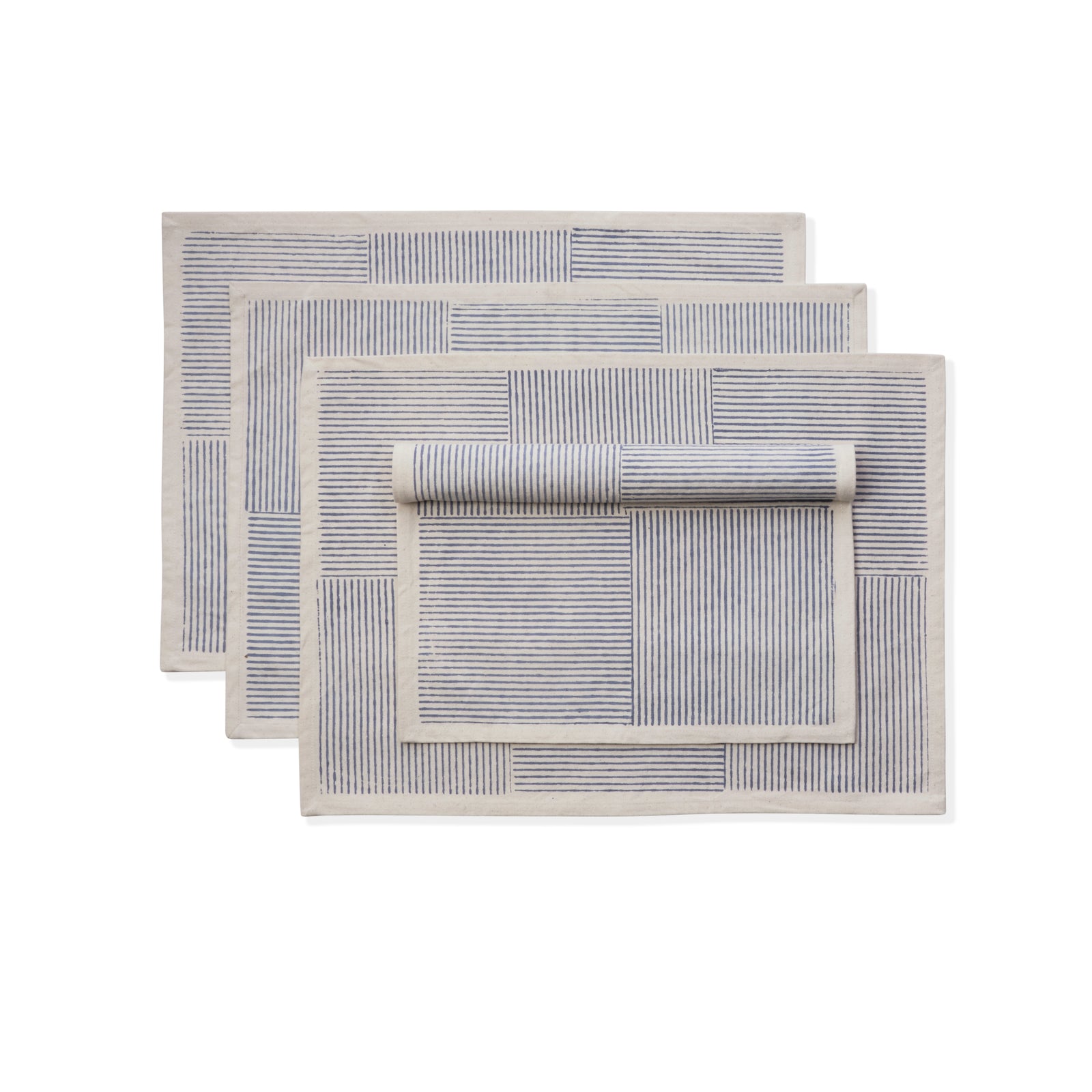Kora Cotton Placemats, Set of 4 | Hand Block Printed | Hatch Stripe | Cerulean