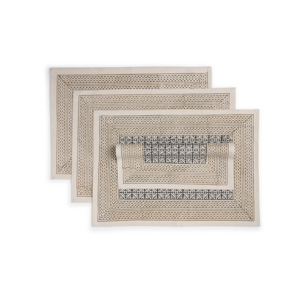Kora Cotton Placemats, Set of 4 | Hand Block Printed | Block Duo | Hazelnut
