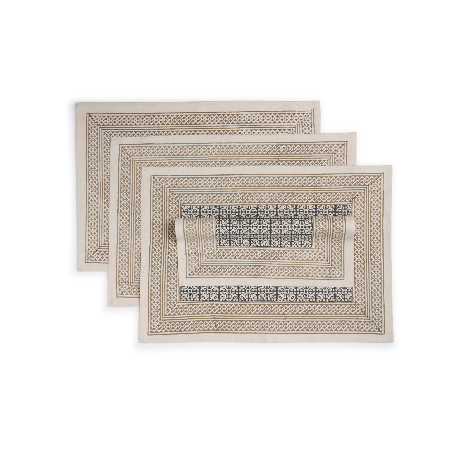 Kora Cotton Placemats, Set of 4 | Hand Block Printed | Block Duo | Hazelnut