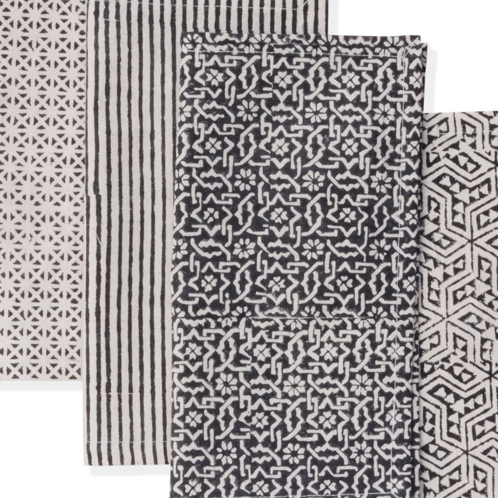 Hand Block Printed Cotton Napkins, Set of 4 | 9"x9" | Impressions | Black Forest