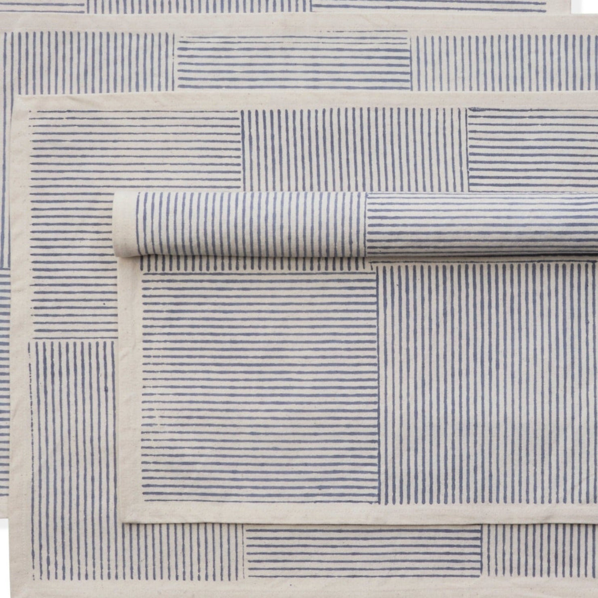 Kora Cotton Placemats, Set of 4 | Hand Block Printed | Hatch Stripe | Cerulean