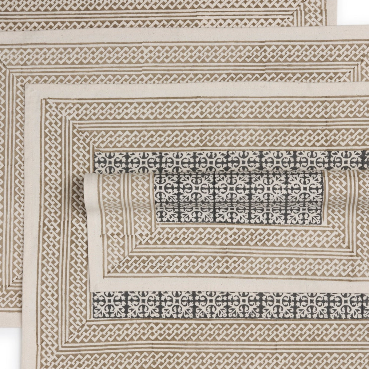 Kora Cotton Placemats, Set of 4 | Hand Block Printed | Block Duo | Hazelnut