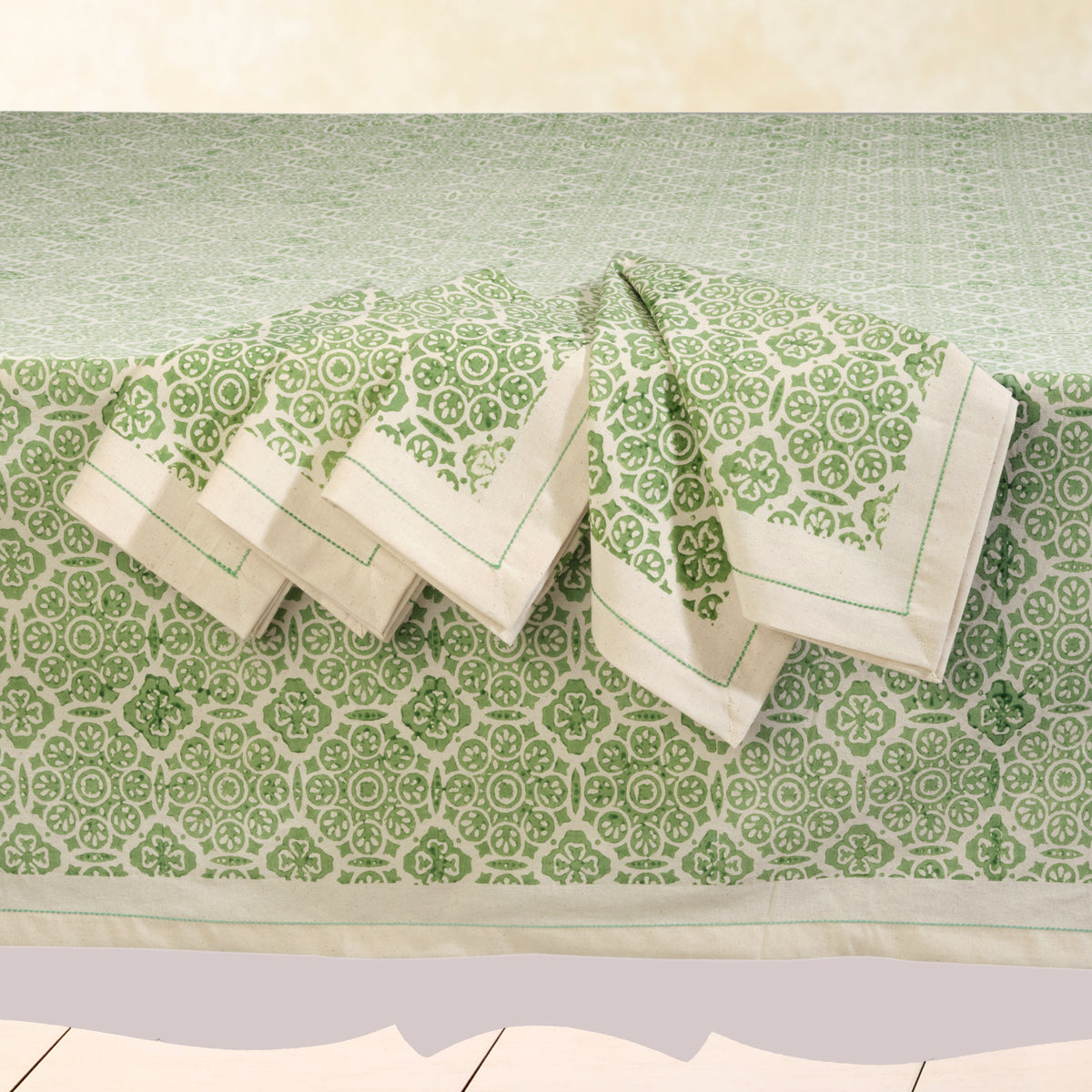 Hand Block Printed Kora Cotton Tablecloths | Stories in Print | Mosiac Sage