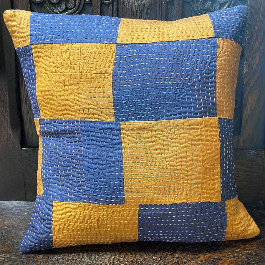 PATCH UP. Blue+Ochre Pillow