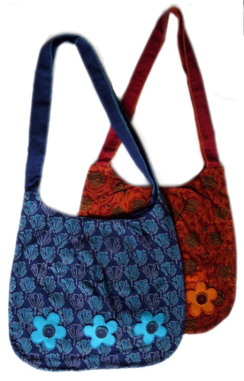 Hand Block Printed & Embroidered Cotton Shoulder Bags | Pretty Daisies Wine