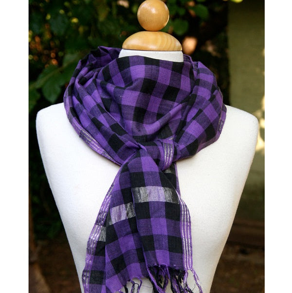 Handspun & Handwoven Khadi Cotton Scarves | Plaid Purple+Black
