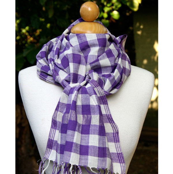 Handspun & Handwoven Khadi Cotton Scarves | Plaid Purple+Ivory