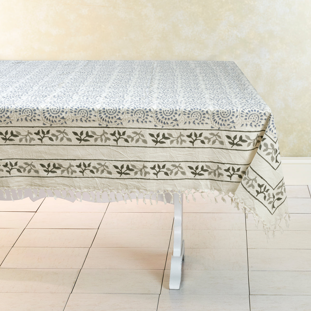 Hand Block Printed Kora Cotton Tablecloths | Stories in Print | Spiral Blue
