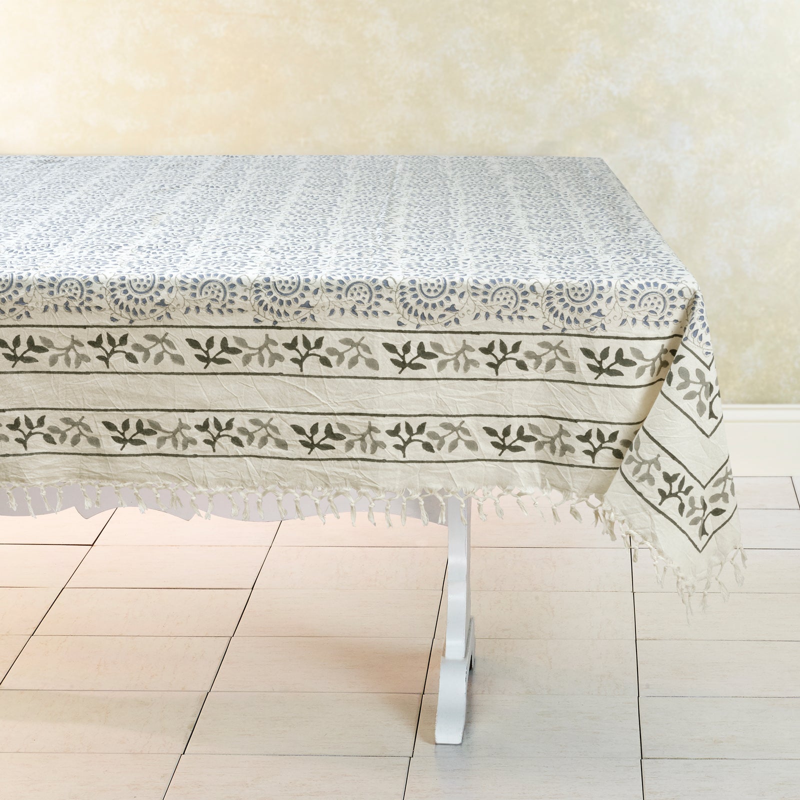 Hand Block Printed Kora Cotton Tablecloths | Stories in Print | Spiral Blue